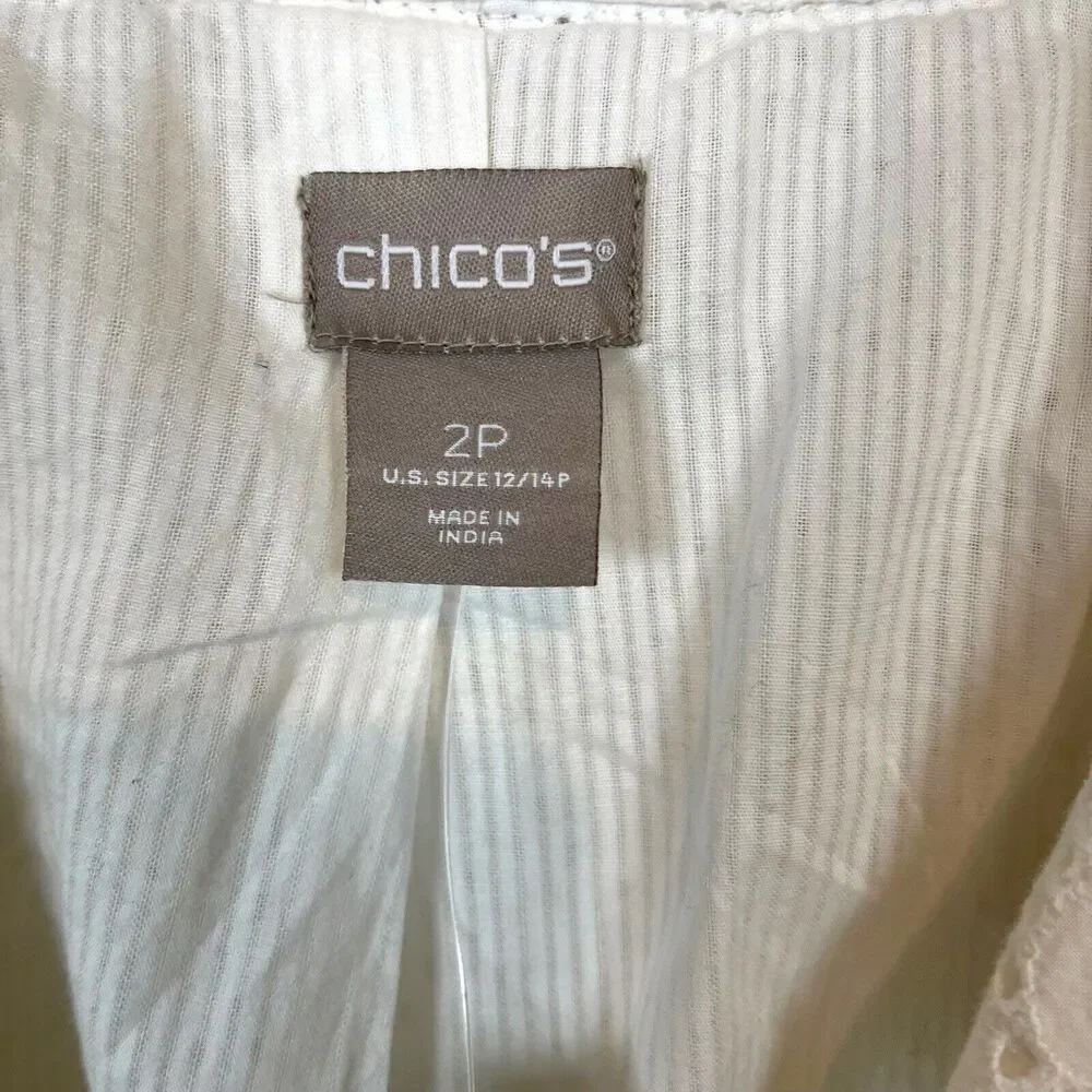 Chico's Eyelet Topper Jacket Embellished Cotton Linen White Blue SZ 12 P NWT